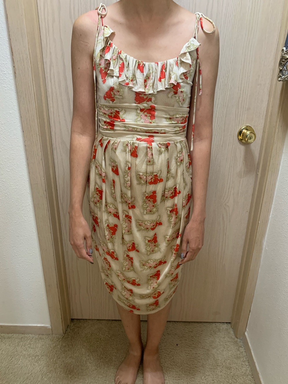 Jonovich-hawk Cream silk Dress with Red Floral Print and Ruffle Neckline